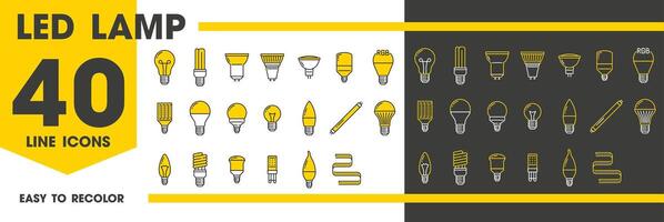 LED et lumière ampoule les lampes ligne Icônes vecteur ensemble