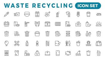 recyclage déchets ligne Icônes. des ordures disposition. poubelle séparation, déchets tri avec plus loin recyclage. vecteur