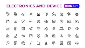 électronique et dispositif lignes icône ensemble. électronique dispositifs et gadgets, ordinateur, équipement et électronique. ordinateur moniteur, téléphone intelligent, tablette et portable sumbol collection. vecteur