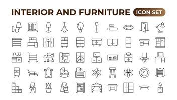 meubles plat ligne Icônes ensemble. cuisine, chambre à coucher, canapé tableau, bibliothèque placard, chaise, matelas, les lampes, échelle vecteur illustrations. contour panneaux de le maison intérieur. meubles contour icône.