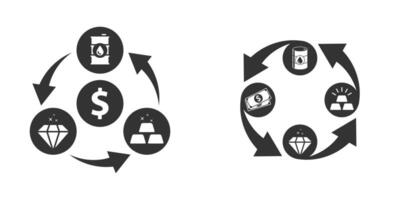 échange icône. dollar, or, pétrole et diamant icône avec flèches. global la finance transfert concept. vecteur illustration.