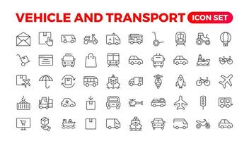 transport, véhicule, et livraison éléments - minimal ligne fine la toile icône ensemble. contour Icônes collection. auto, vélo, scooter, bulldozer, bus, câble, voiture, hélicoptère. vecteur