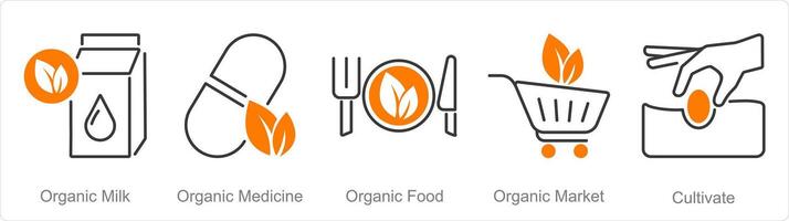 une ensemble de 5 biologique agriculture Icônes comme biologique lait, biologique médecine, biologique nourriture vecteur