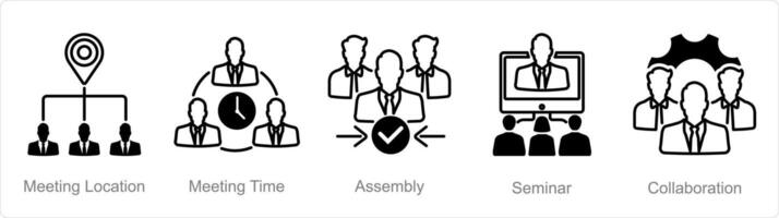 une ensemble de 5 réunion Icônes comme réunion emplacement, réunion temps, Assemblée vecteur