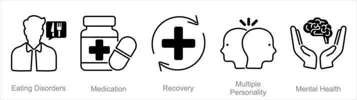 une ensemble de 5 santé mentale Icônes comme en mangeant troubles, médicament, récupération vecteur