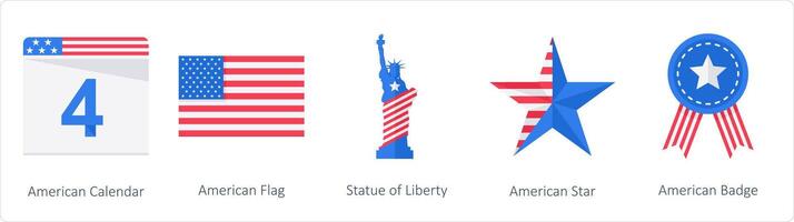 une ensemble de 5 Amérique indépendance journée Icônes comme américain calendrier, américain drapeau, statue de liberté vecteur