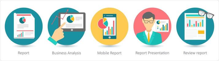 une ensemble de 5 affaires Icônes comme rapport, affaires analyse, mobile rapport vecteur