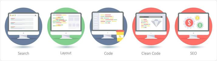 une ensemble de 5 la toile disposition Icônes comme recherche, mise en page, code vecteur