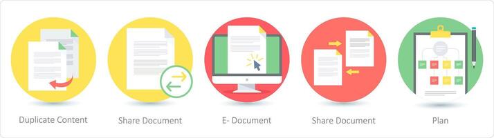 une ensemble de 5 seo Icônes comme dupliquer contenu, partager document, document électronique vecteur