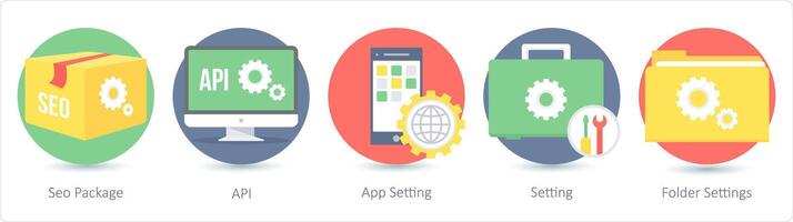une ensemble de 5 seo Icônes comme seo emballer, API, api réglage vecteur