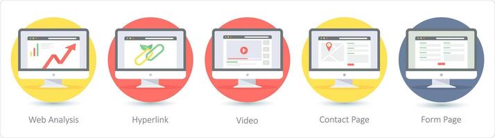 une ensemble de 5 seo Icônes comme la toile analyse, lien hypertexte, vidéo vecteur