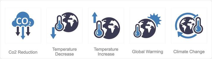 une ensemble de 5 changement climatique Icônes comme CO2 réduction, Température diminuer, Température augmenter vecteur