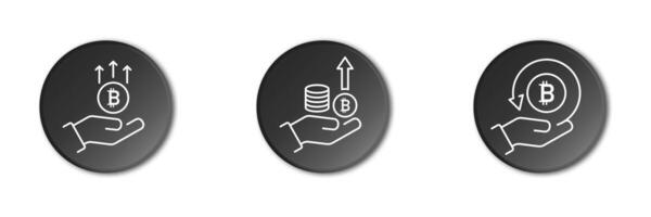 pictogramme de bitcoin dans main. bitcoin croissance icône. pièces de monnaie dans le main. financier croissance Icônes. main et profit symboles. entreprise. linéaire vecteur illustration.