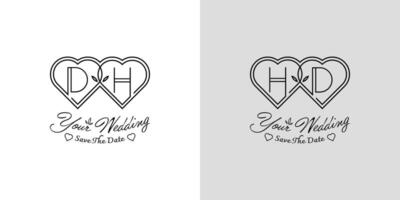 des lettres dh et HD mariage l'amour logo, pour des couples avec ré et h initiales vecteur