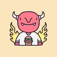 diable rouge rétro avec dessin animé burger et feu, illustration pour autocollants et t-shirt. vecteur