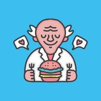 professeur de vieil homme avec dessin animé burger, illustration pour autocollants et t-shirt.