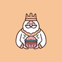 vieil homme roi avec dessin animé hamburger. illustration pour t-shirt, affiche, logo, autocollant ou marchandise de vêtements. vecteur