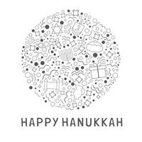 hanukkah vacances design plat icônes de ligne mince noir mis en forme ronde avec texte en anglais vecteur