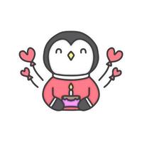 mignon petit pingouin avec dessin animé de gâteau d'anniversaire, illustration pour autocollants et t-shirt. vecteur