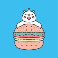 mignon ours blanc licorne dormant sur un dessin animé de hamburger, illustration pour autocollants et t-shirt. vecteur