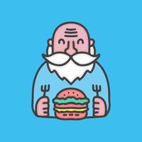 mignon vieil homme barbu avec dessin animé burger, illustration pour autocollants et t-shirt. vecteur