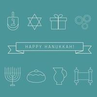 hanukkah vacances design plat icônes de ligne mince blanc sertie de texte en anglais joyeux hanukkah vecteur