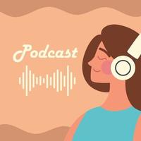 podcast et femme utilisant des écouteurs vecteur