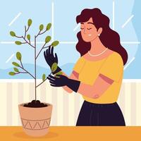 femme avec plante dans un pot vecteur