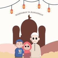 personnage mignonne ramadhan concept illustration content musulman célébrer saint mois ramadhan mosquée sillhouette vecteur illustration