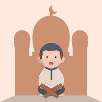 personnage mignonne ramadhan concept illustration content musulman famille célébrer saint mois ramadhan mosquée sillhouette vecteur illustration