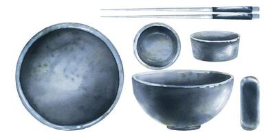 une ensemble de céramique plats, une bol, une casserole, baguettes, une supporter Haut et côté voir. aquarelle illustration. isolé objets de le crevette collection. pour décoration et conception vecteur