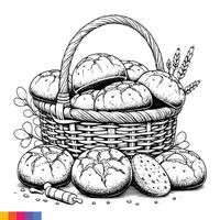 boulangerie panier. boulangerie nourriture main tiré ligne art illustration pour le coloration livre. nourriture ligne art pour une coloration page. ancien esquisser vecteur graphique.