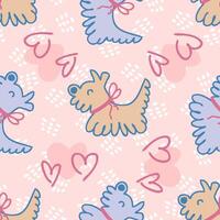 griffonnage mignonne hirsute chiots avec arc rubans et cœurs sans couture modèle. l'amour pour animaux domestiques concept. main tiré vecteur impression pour tee, papier, textile et tissu.