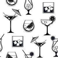 martini cocktail avec parapluie et olive dans classique verre. noir et blanc vecteur sans couture modèle avec alcoolique breuvages sur blanc Contexte.