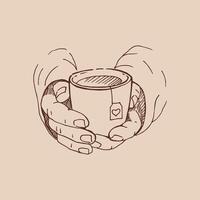 dessin réaliste de belles mains tenant une tasse avec une boisson chaude. illustration vectorielle isolée. vecteur