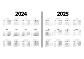 calendrier 2024, année 2025. la semaine commence le dimanche. modèle de calendrier annuel. calendrier anglais annuel. organisateur annuel au design minimaliste. orientation portrait vecteur
