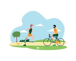 gens le jogging et balade une vélo dans le parc scène. en bonne santé mode de vie concept. sport et loisir Activités dans Publique espace vecteur illustration conception