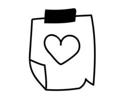 main tiré dessin animé illustration de contour papier feuille avec tiré cœur. mignonne griffonnage Facile valentines journée ligne art. plat vecteur aimer, romantique message autocollant, icône. isolé sur blanc Contexte.