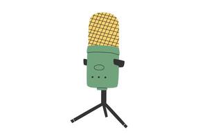 main tiré mignonne dessin animé illustration de microphone. plat vecteur du son enregistrement studio autocollant dans Facile coloré griffonnage style. l'audio dispositif icône ou imprimer. isolé sur blanc Contexte.