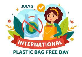 international Plastique sac gratuit journée vecteur illustration sur 3 juillet avec aller vert, enregistrer Terre et océan dans éco mode de vie plat dessin animé Contexte