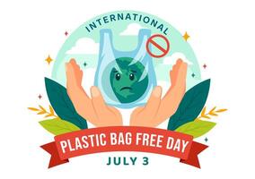 international Plastique sac gratuit journée vecteur illustration sur 3 juillet avec aller vert, enregistrer Terre et océan dans éco mode de vie plat dessin animé Contexte