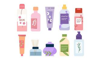 Naturel biologique produits de beauté pour peau dans coloré bouteilles, tuyaux, pots vecteur plat illustration