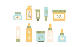 Naturel biologique produits de beauté pour peau dans coloré bouteilles, tuyaux, pots vecteur plat illustration