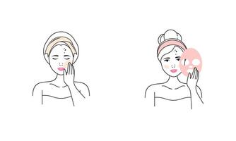 fille se soucie pour visage et corps, produits de beauté instructions vecteur