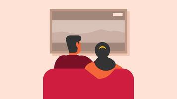 couple est séance sur une canapé en train de regarder film ensemble vecteur