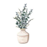 aquarelle eucalyptus branches avec rond feuilles dans beige céramique vase, minimaliste floral illustration vecteur