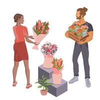 Jeune homme et fille sont en portant fleurs. isométrique vecteur illustration.