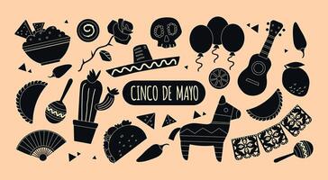 cinco de mayo traditions mexicain noir et blanc silhouette Icônes vecteur des illustrations ensemble