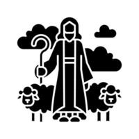 berger noir glyphe icône. homme avec troupeau de mouton. bien berger. Jésus Christ Humain représentation. biblique scène. silhouette symbole sur blanc espace. solide pictogramme. vecteur isolé illustration