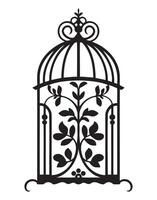 silhouette de une oiseau cage décoratif avec feuilles, noir mur décalcomanies avec en volant des oiseaux dans cage, minimaliste décoratif art pour intérieur, silhouette de une décoratif ancien oiseau cage vecteur